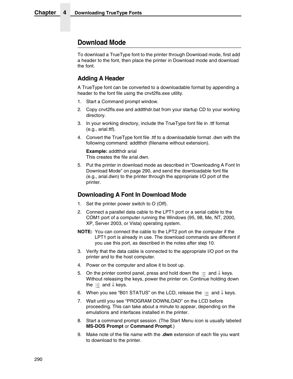 Download mode, Adding a header, Downloading a font in download mode | Printronix SL5000r RFID Smart Label and Thermal Printers User Manual | Page 290 / 394