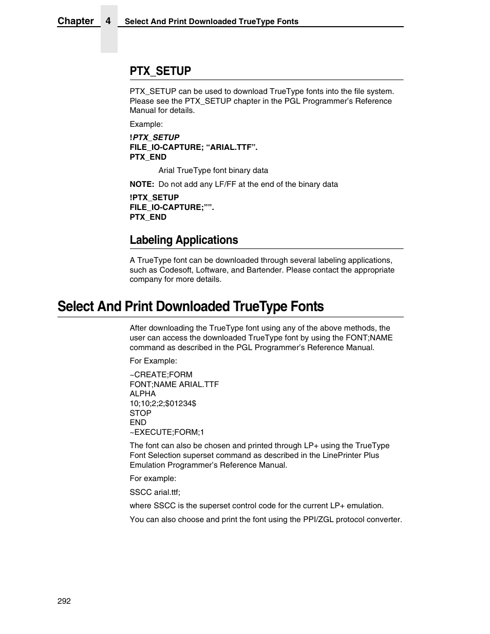 Ptx_setup, Labeling applications, Select and print downloaded truetype fonts | Printronix SL5000r RFID Smart Label and Thermal Printers User Manual | Page 292 / 394