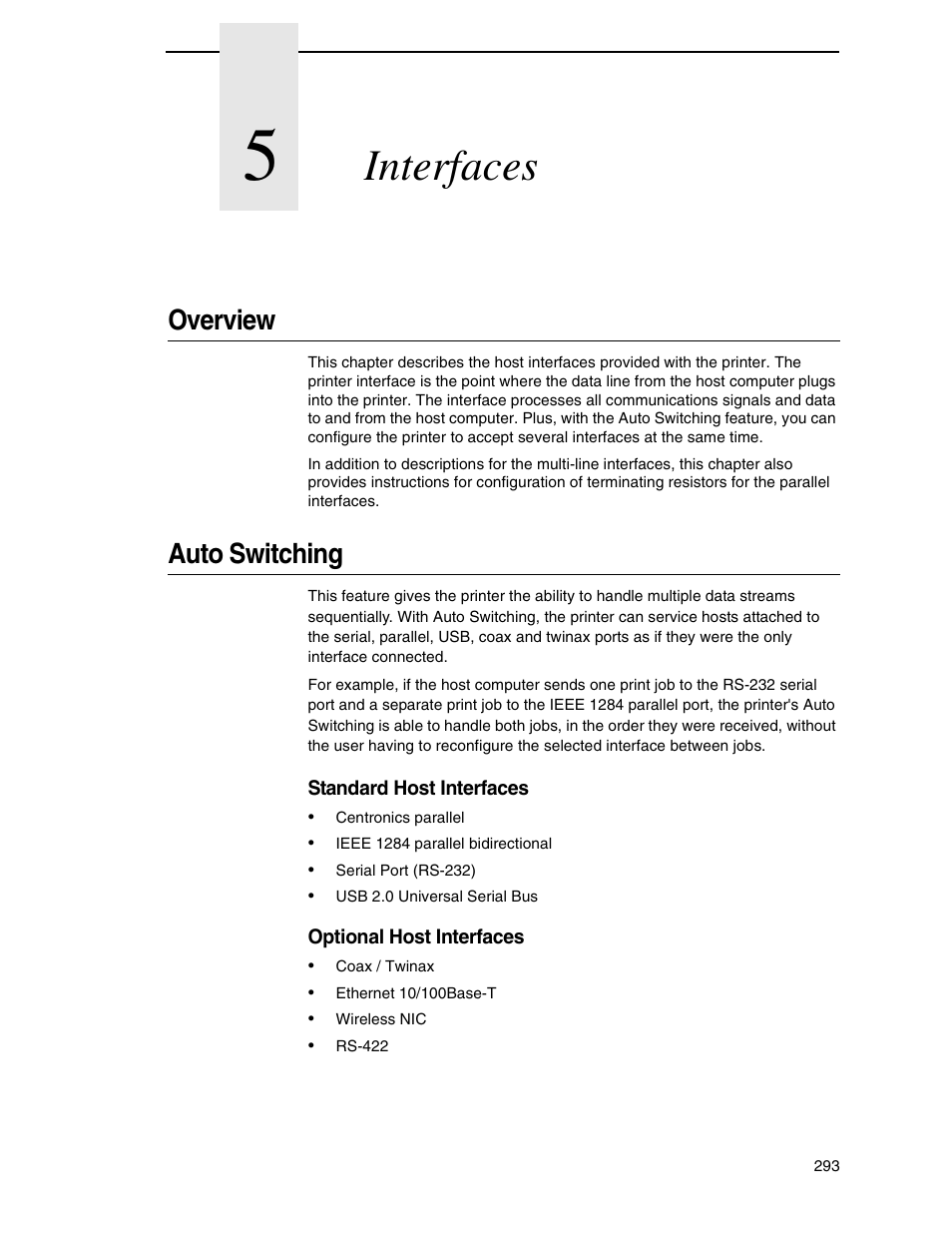 5 interfaces, Overview, Auto switching | Interfaces | Printronix SL5000r RFID Smart Label and Thermal Printers User Manual | Page 293 / 394