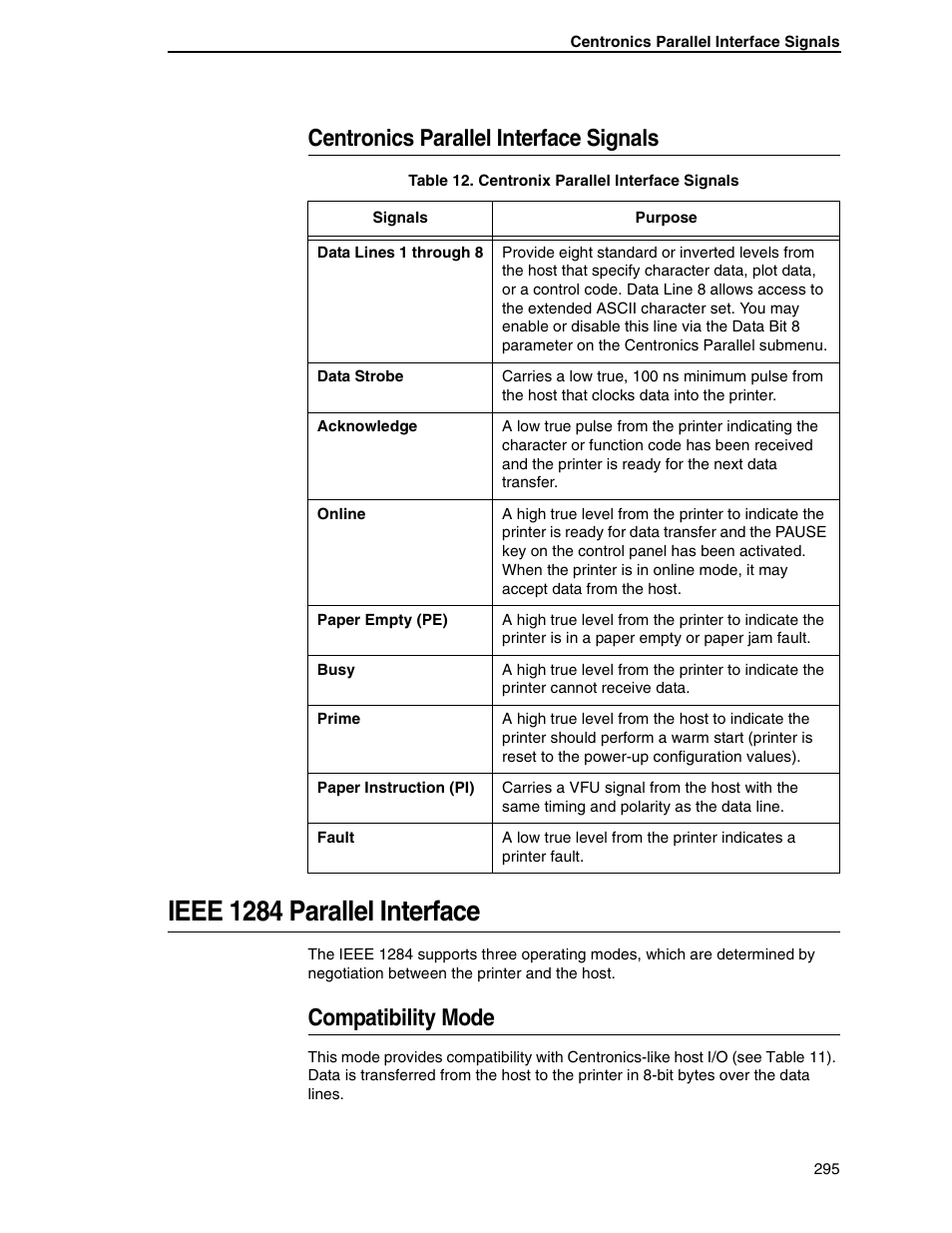 Centronics parallel interface signals, Ieee 1284 parallel interface, Compatibility mode | Printronix SL5000r RFID Smart Label and Thermal Printers User Manual | Page 295 / 394