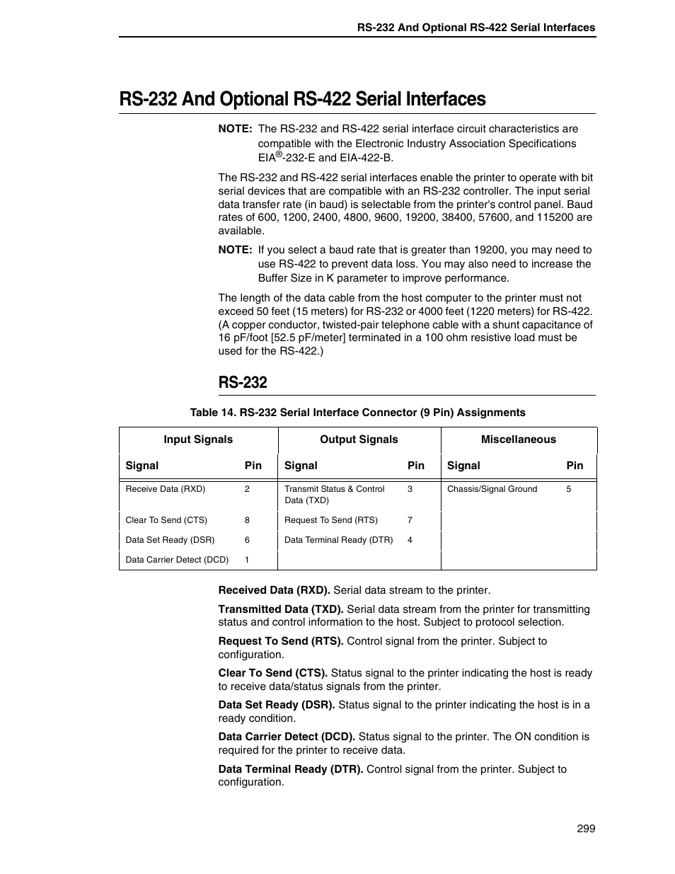 Rs-232 and optional rs-422 serial interfaces, Rs-232 | Printronix SL5000r RFID Smart Label and Thermal Printers User Manual | Page 299 / 394