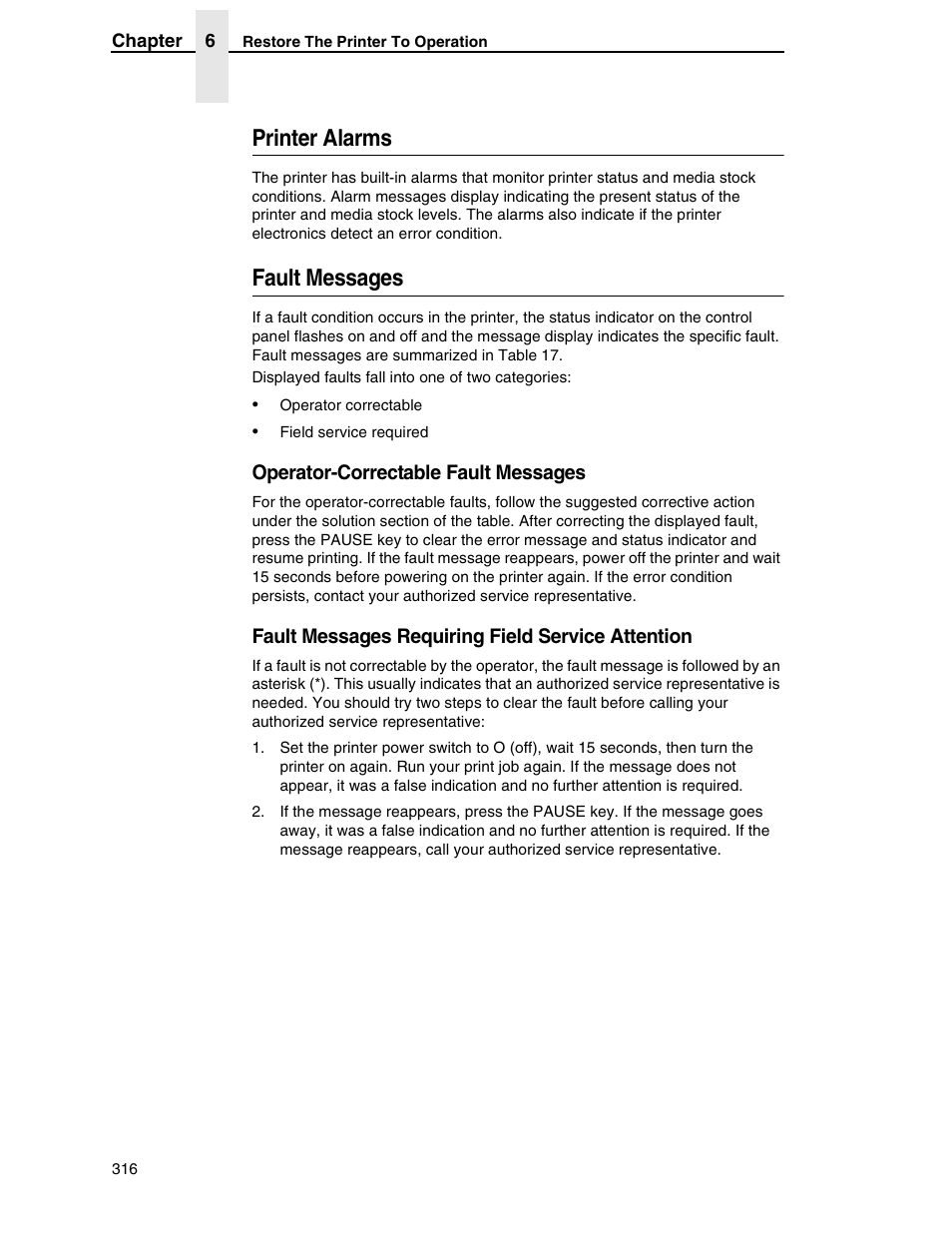 Printer alarms, Fault messages | Printronix SL5000r RFID Smart Label and Thermal Printers User Manual | Page 316 / 394