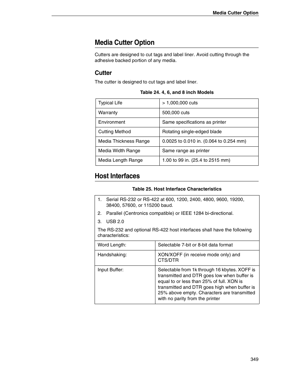 Media cutter option, Host interfaces, Cutter | Printronix SL5000r RFID Smart Label and Thermal Printers User Manual | Page 349 / 394