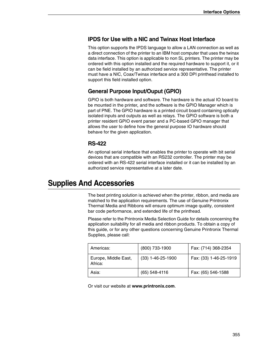 Supplies and accessories, Ipds for use with a nic and twinax host interface, General purpose input/ouput (gpio) | Rs-422 | Printronix SL5000r RFID Smart Label and Thermal Printers User Manual | Page 355 / 394