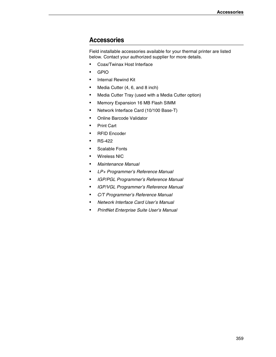Accessories | Printronix SL5000r RFID Smart Label and Thermal Printers User Manual | Page 359 / 394