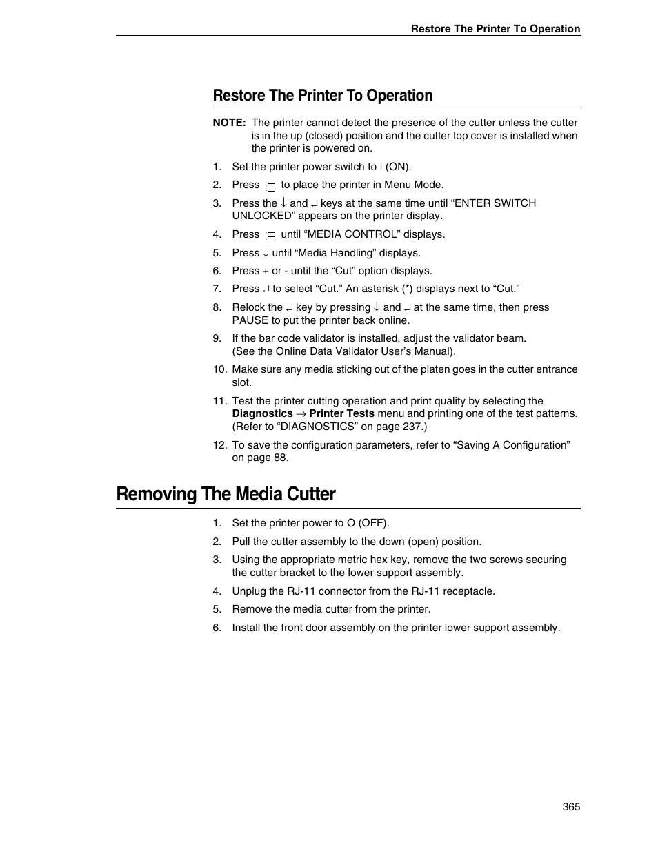 Restore the printer to operation, Removing the media cutter | Printronix SL5000r RFID Smart Label and Thermal Printers User Manual | Page 365 / 394