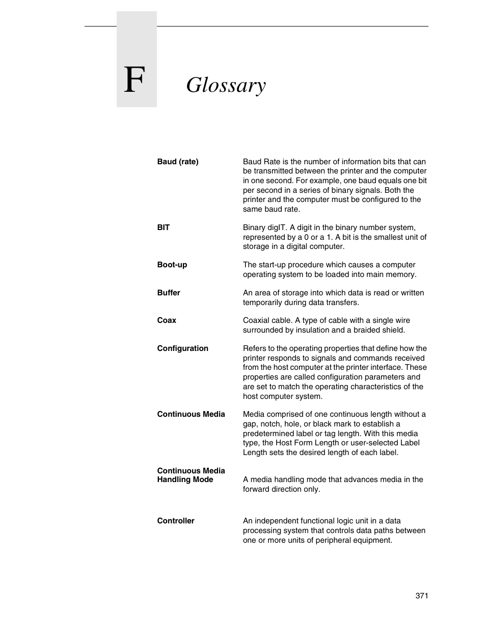 F glossary, Glossary | Printronix SL5000r RFID Smart Label and Thermal Printers User Manual | Page 371 / 394