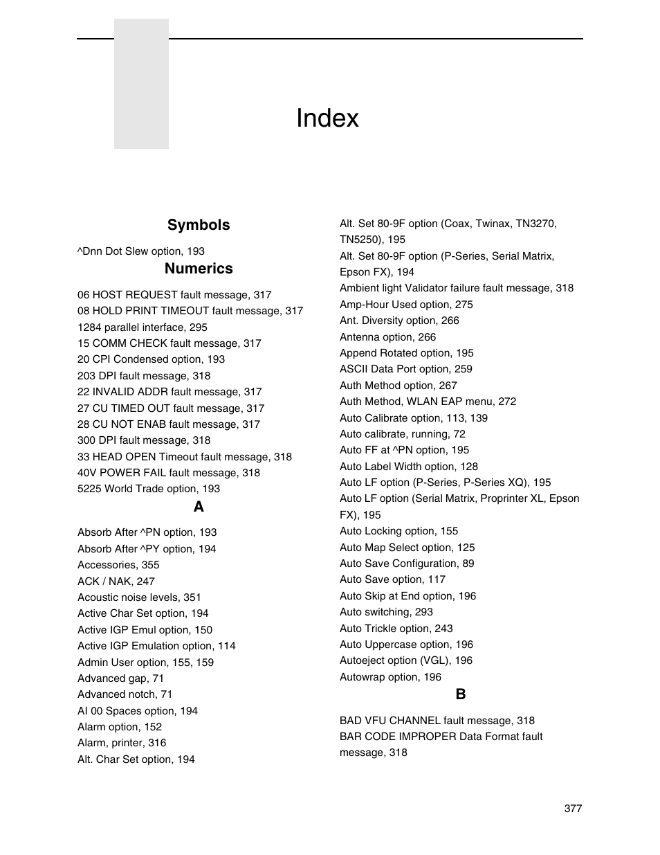 Index, Symbols, Numerics | Printronix SL5000r RFID Smart Label and Thermal Printers User Manual | Page 377 / 394