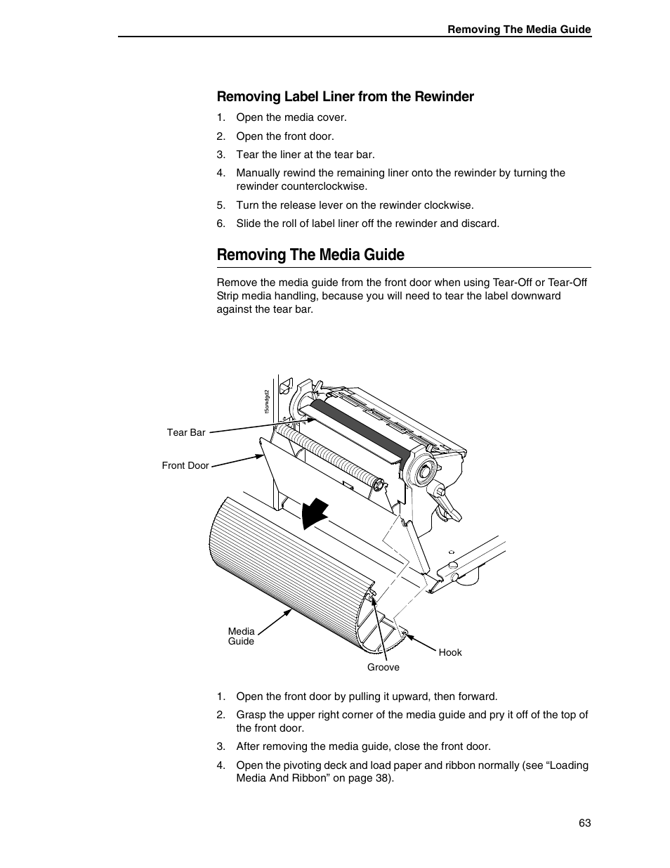 Removing the media guide, Removing label liner from the rewinder | Printronix SL5000r RFID Smart Label and Thermal Printers User Manual | Page 63 / 394