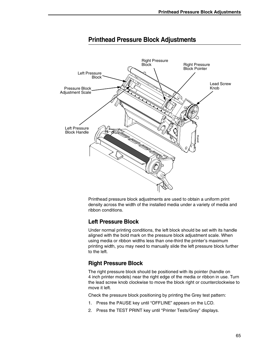 Printhead pressure block adjustments, Printhead, Left pressure block | Right pressure block | Printronix SL5000r RFID Smart Label and Thermal Printers User Manual | Page 65 / 394