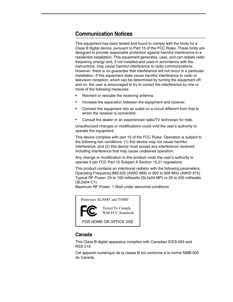 Communication notices, Canada | Printronix SL5000r RFID Smart Label and Thermal Printers User Manual | Page 7 / 394