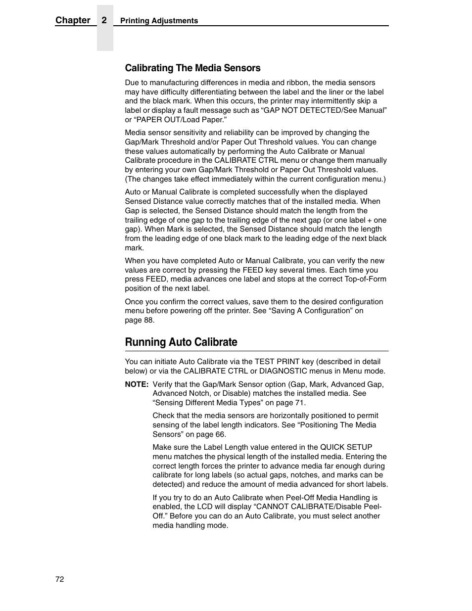 Running auto calibrate, Calibrating the media sensors | Printronix SL5000r RFID Smart Label and Thermal Printers User Manual | Page 72 / 394