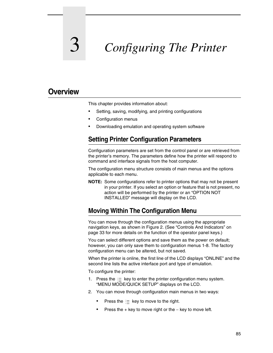 3 configuring the printer, Overview, Setting printer configuration parameters | Moving within the configuration menu, Configuring the printer | Printronix SL5000r RFID Smart Label and Thermal Printers User Manual | Page 85 / 394