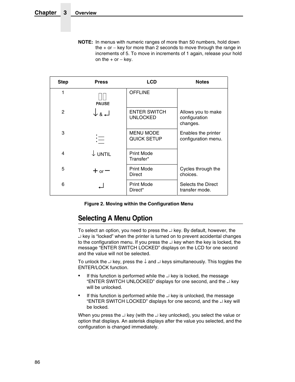 Selecting a menu option | Printronix SL5000r RFID Smart Label and Thermal Printers User Manual | Page 86 / 394