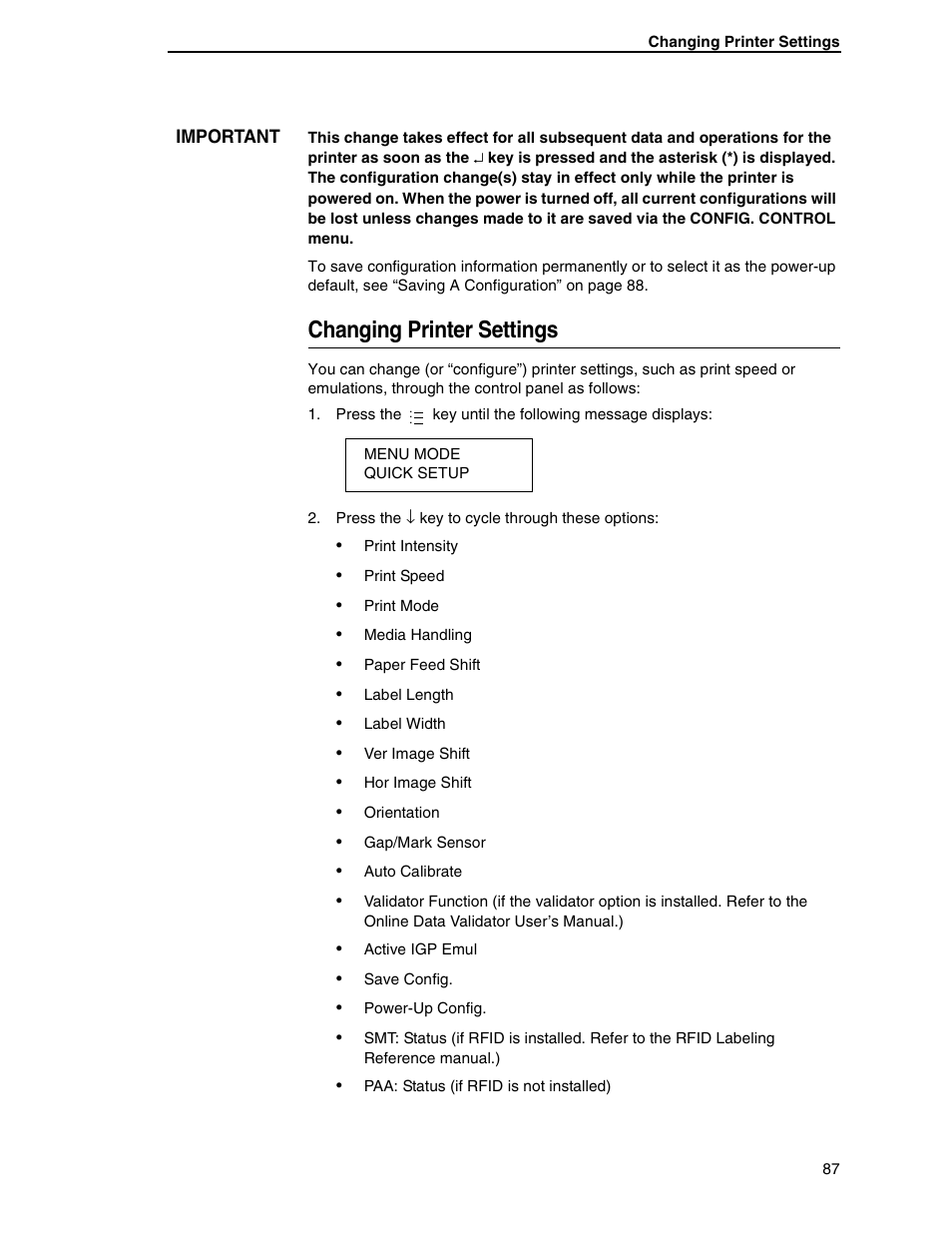 Changing printer settings | Printronix SL5000r RFID Smart Label and Thermal Printers User Manual | Page 87 / 394