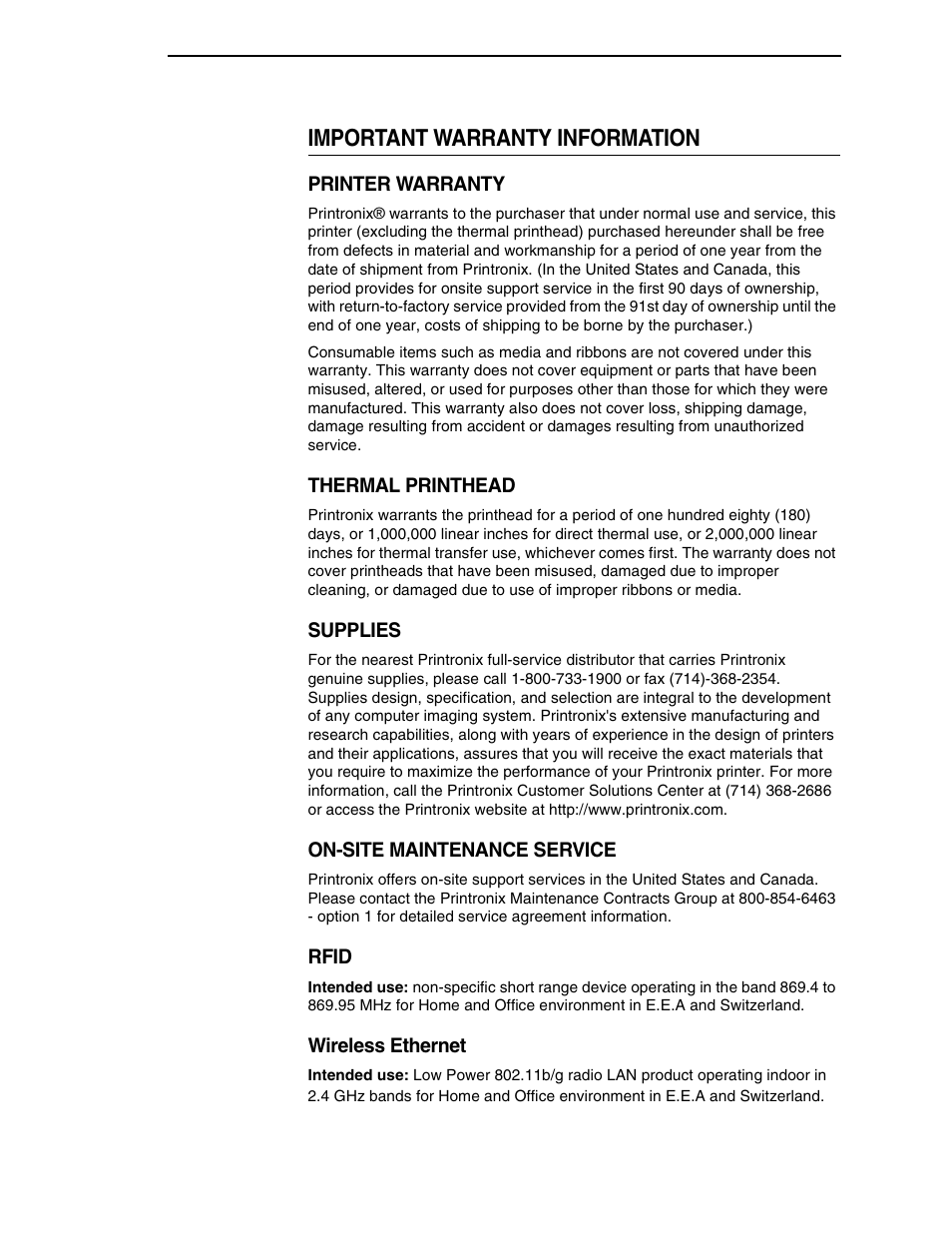 Important warranty information | Printronix SL5000r RFID Smart Label and Thermal Printers User Manual | Page 9 / 394