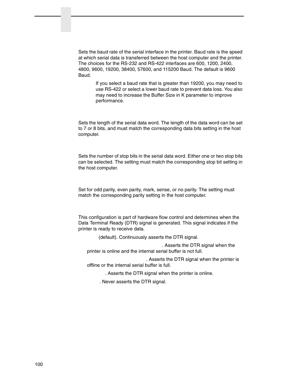 Baud rate, Word length, Stop bits 1 | Parity, Data term ready | Printronix P7000 Cartridge Ribbon Printer User Manual | Page 100 / 378