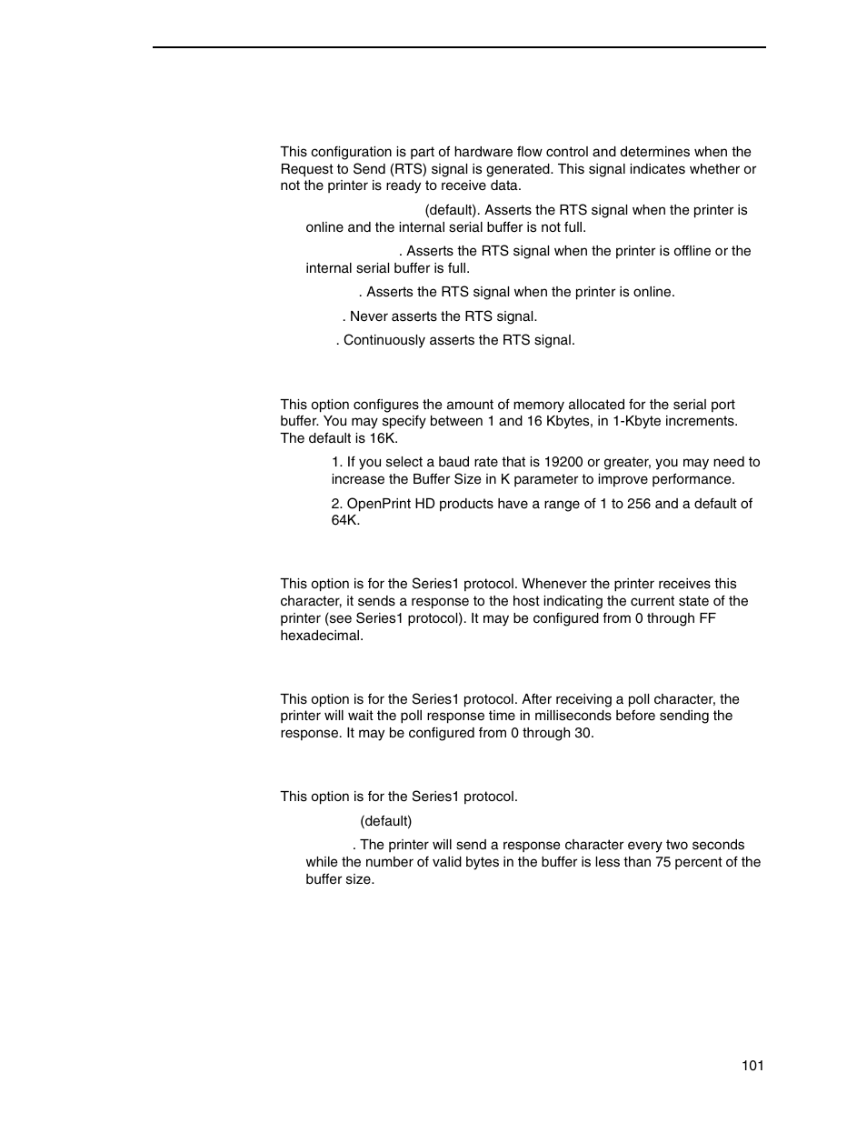 Request to send, Buffer size in k, Poll character | Poll response, Idle response | Printronix P7000 Cartridge Ribbon Printer User Manual | Page 101 / 378