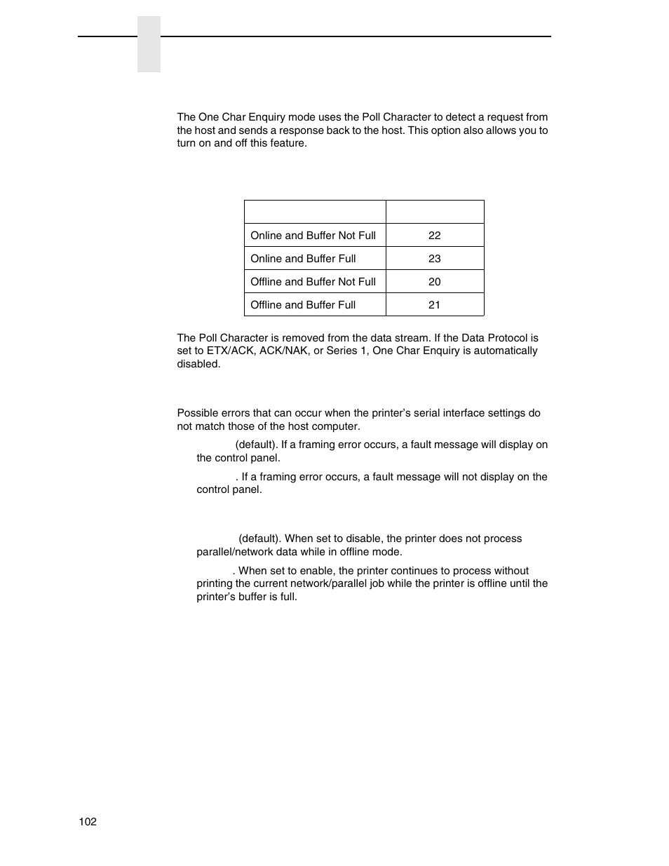 One char enquiry, Framing errors, Offline process | Printronix P7000 Cartridge Ribbon Printer User Manual | Page 102 / 378