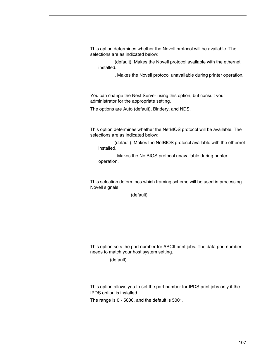Novell protocol, Nest serv type, Netbios protocol | Novell frame, Ascii data port, Ipds data port | Printronix P7000 Cartridge Ribbon Printer User Manual | Page 107 / 378