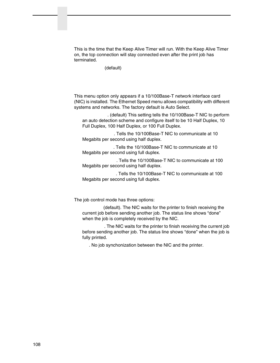 Keep alive timer, Ethernet speed, Job control | Printronix P7000 Cartridge Ribbon Printer User Manual | Page 108 / 378