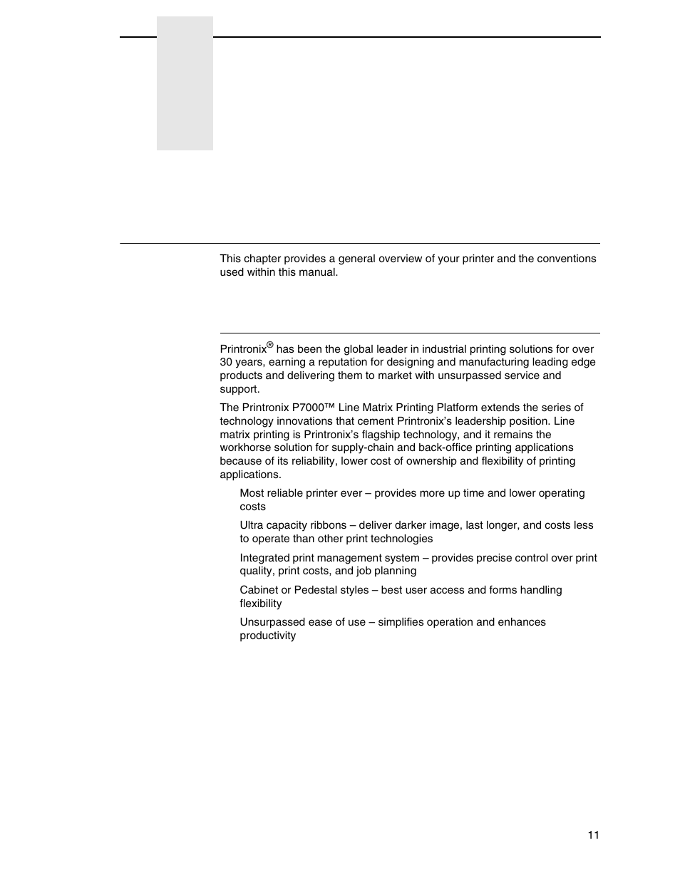 1 introduction, Printer overview, Introduction | Printronix P7000 Cartridge Ribbon Printer User Manual | Page 11 / 378