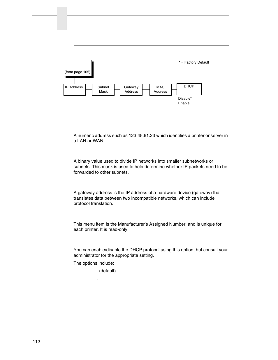 Wlan address, Ip address, Subnet mask | Gateway address, Mac address, Dhcp | Printronix P7000 Cartridge Ribbon Printer User Manual | Page 112 / 378