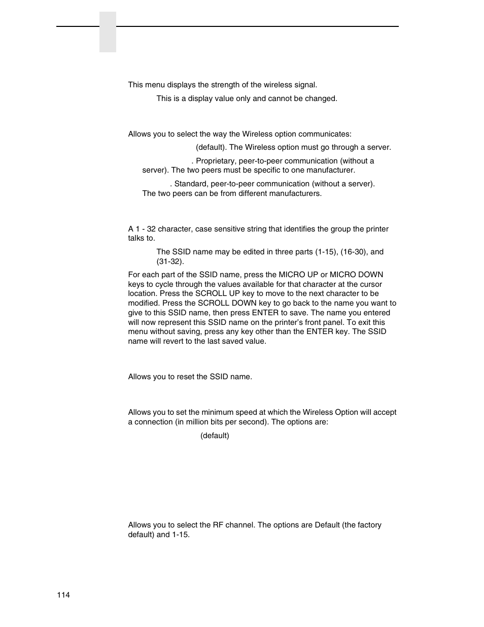 Signal strength, Operation mode, Ssid name | Reset ssid name, Min xfer rate, Channel | Printronix P7000 Cartridge Ribbon Printer User Manual | Page 114 / 378