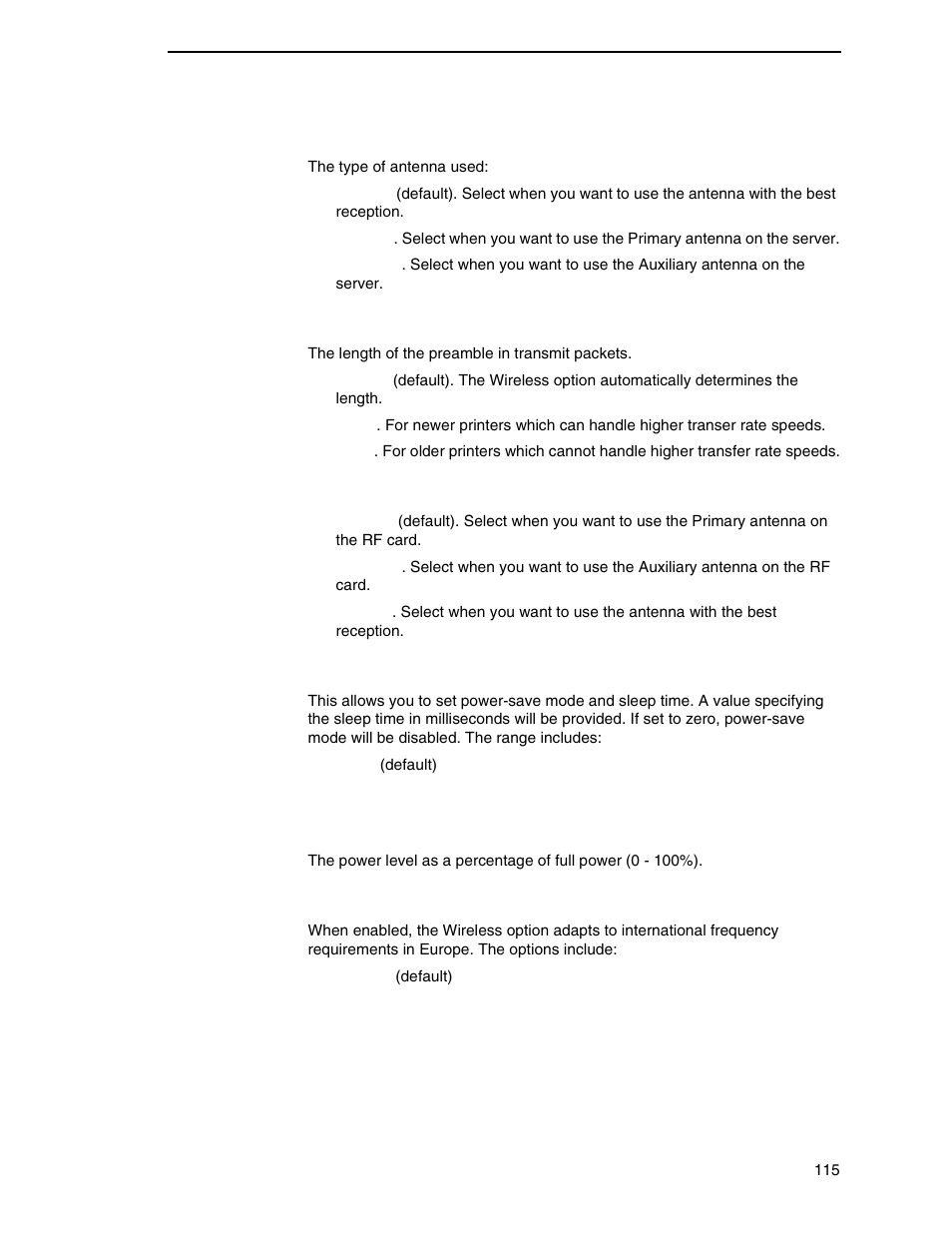 Ant. diversity, Preamble, Antenna | Power mgmt, Transmit power, Internat. mode | Printronix P7000 Cartridge Ribbon Printer User Manual | Page 115 / 378