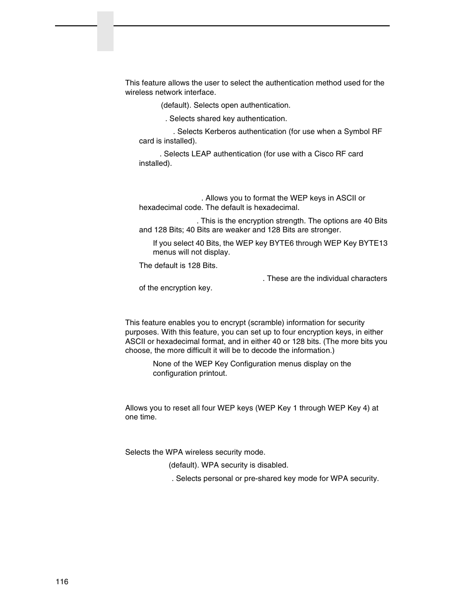 Auth method, Wep key 1 through wep key 4, Default wep key | Reset wep keys, Wpa mode | Printronix P7000 Cartridge Ribbon Printer User Manual | Page 116 / 378