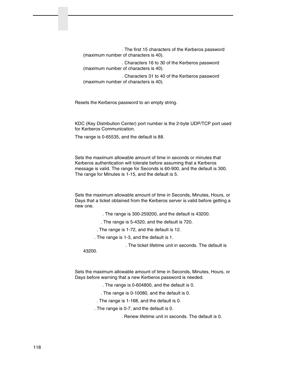 Kerb. passwd, Reset kerb. pwd, Kdc port number | Clock skew, Ticket lifetime, Renew lifetime | Printronix P7000 Cartridge Ribbon Printer User Manual | Page 118 / 378