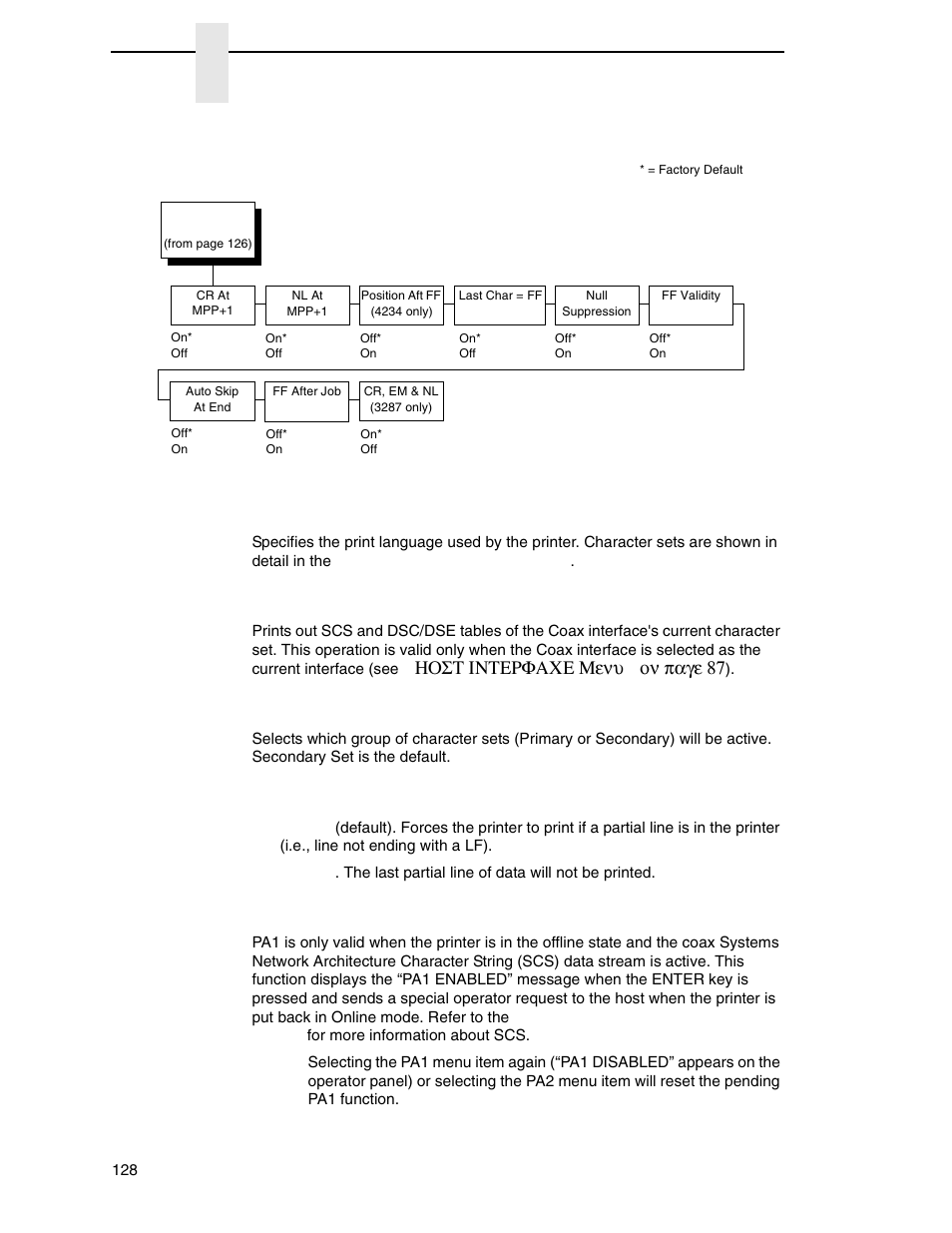 Char set select, Translation tbl, Active char set | Prt partial line, Chapter 4, Ηοστ ιντερφαχε μενυ ον παγε 87 | Printronix P7000 Cartridge Ribbon Printer User Manual | Page 128 / 378