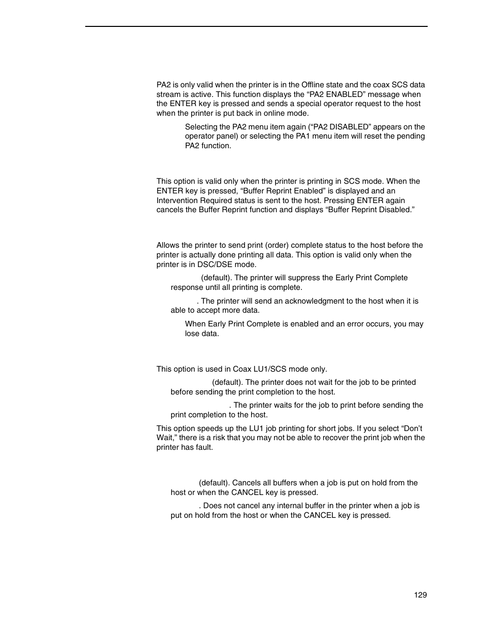 Buffer reprint, Early print cmpl, Scs buffer cntrl | Cancel igp/dcu | Printronix P7000 Cartridge Ribbon Printer User Manual | Page 129 / 378