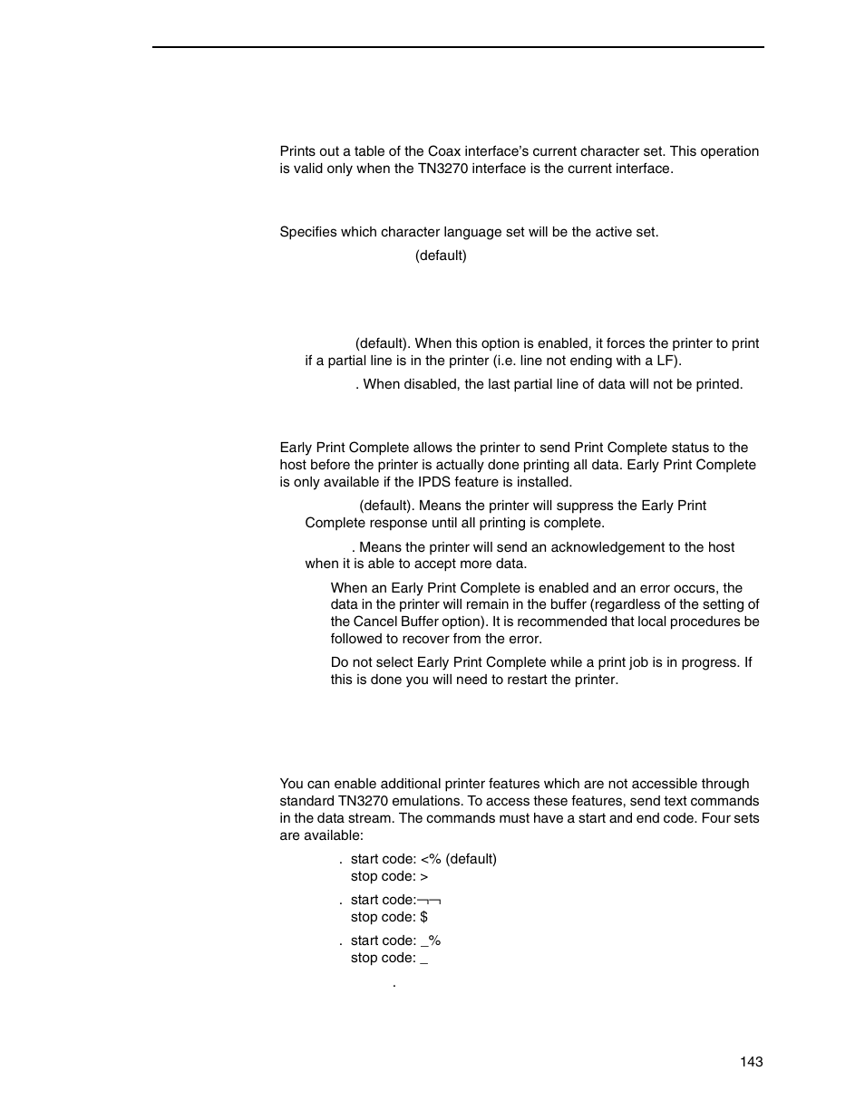 Translation tbl, Active char set, Prt partial line | Early print cmpl, Ptx transparent | Printronix P7000 Cartridge Ribbon Printer User Manual | Page 143 / 378