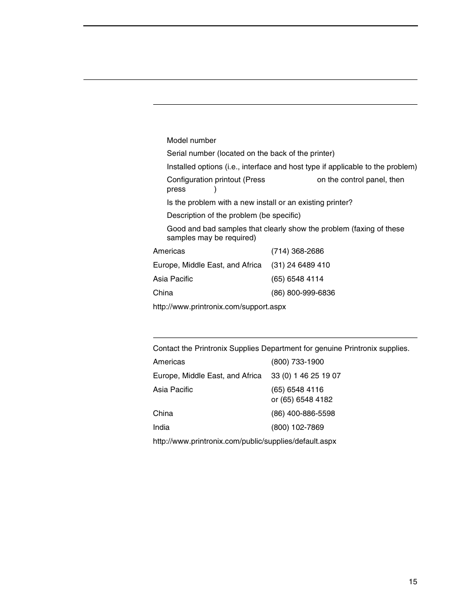 Contact information, Printronix customer support center, Printronix supplies department | Printronix P7000 Cartridge Ribbon Printer User Manual | Page 15 / 378