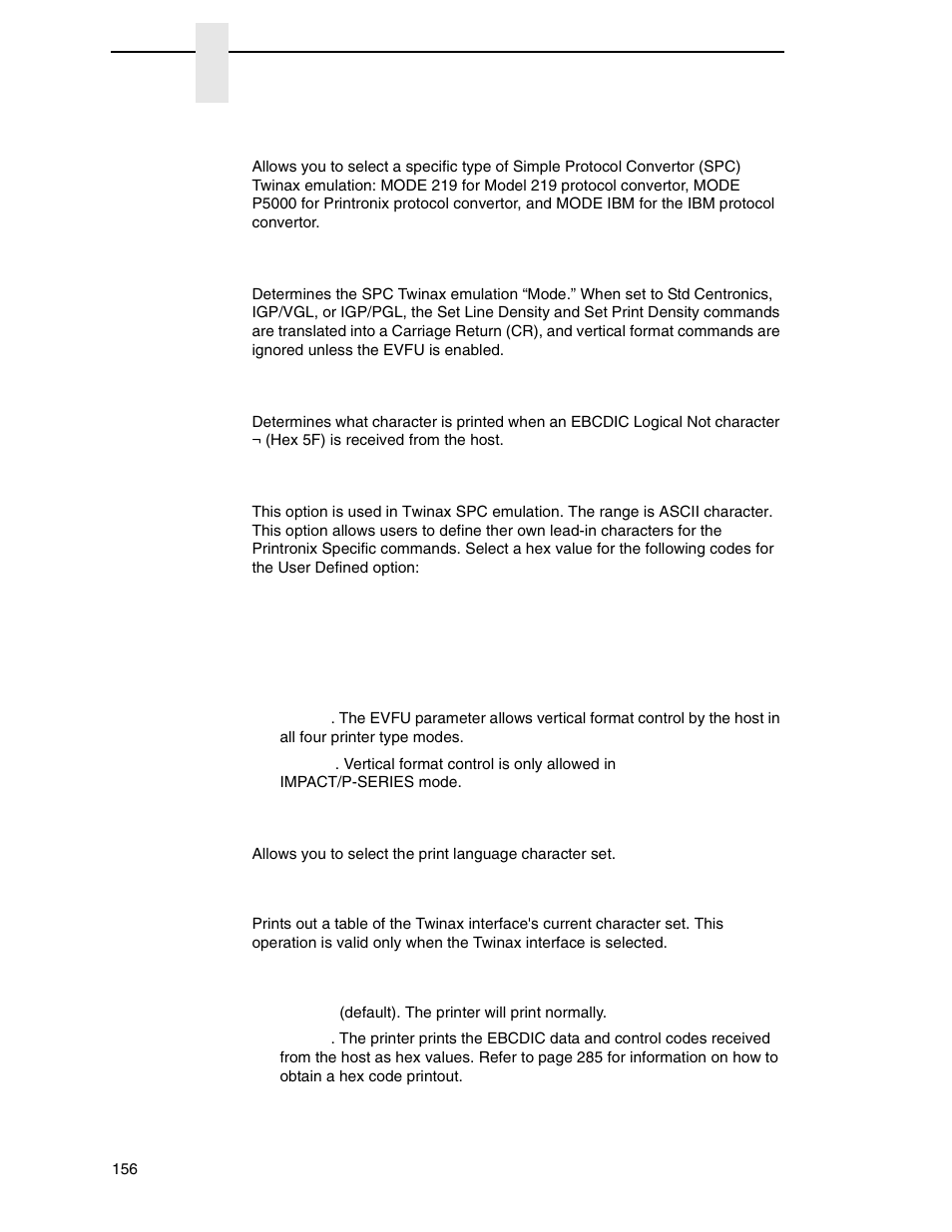 Spc type, Translation tbl, Buffer print | Printronix P7000 Cartridge Ribbon Printer User Manual | Page 156 / 378