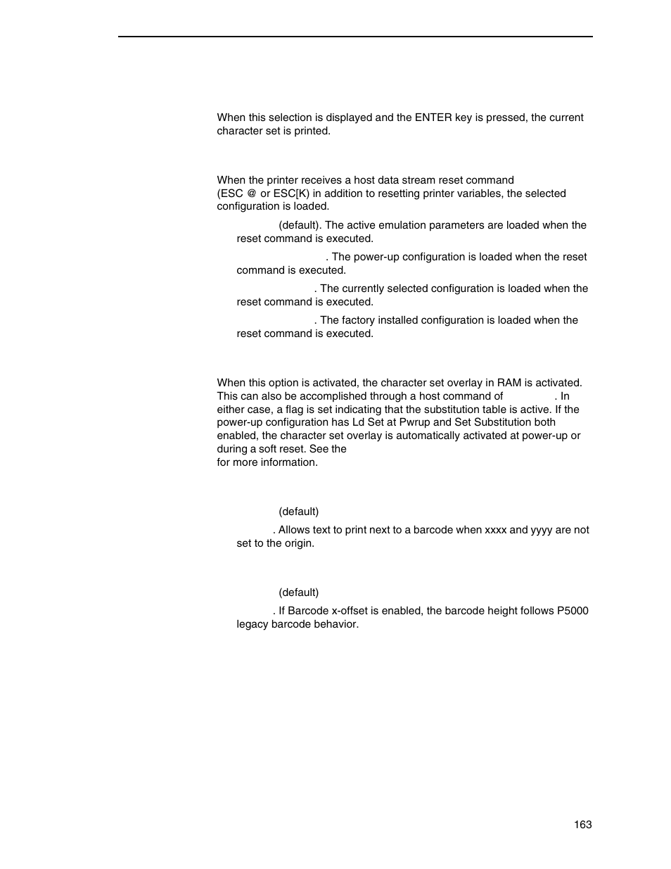 Print char. set, Reset cmd cfg ld, Set substitution | Barcode x-offset, Barcode height | Printronix P7000 Cartridge Ribbon Printer User Manual | Page 163 / 378