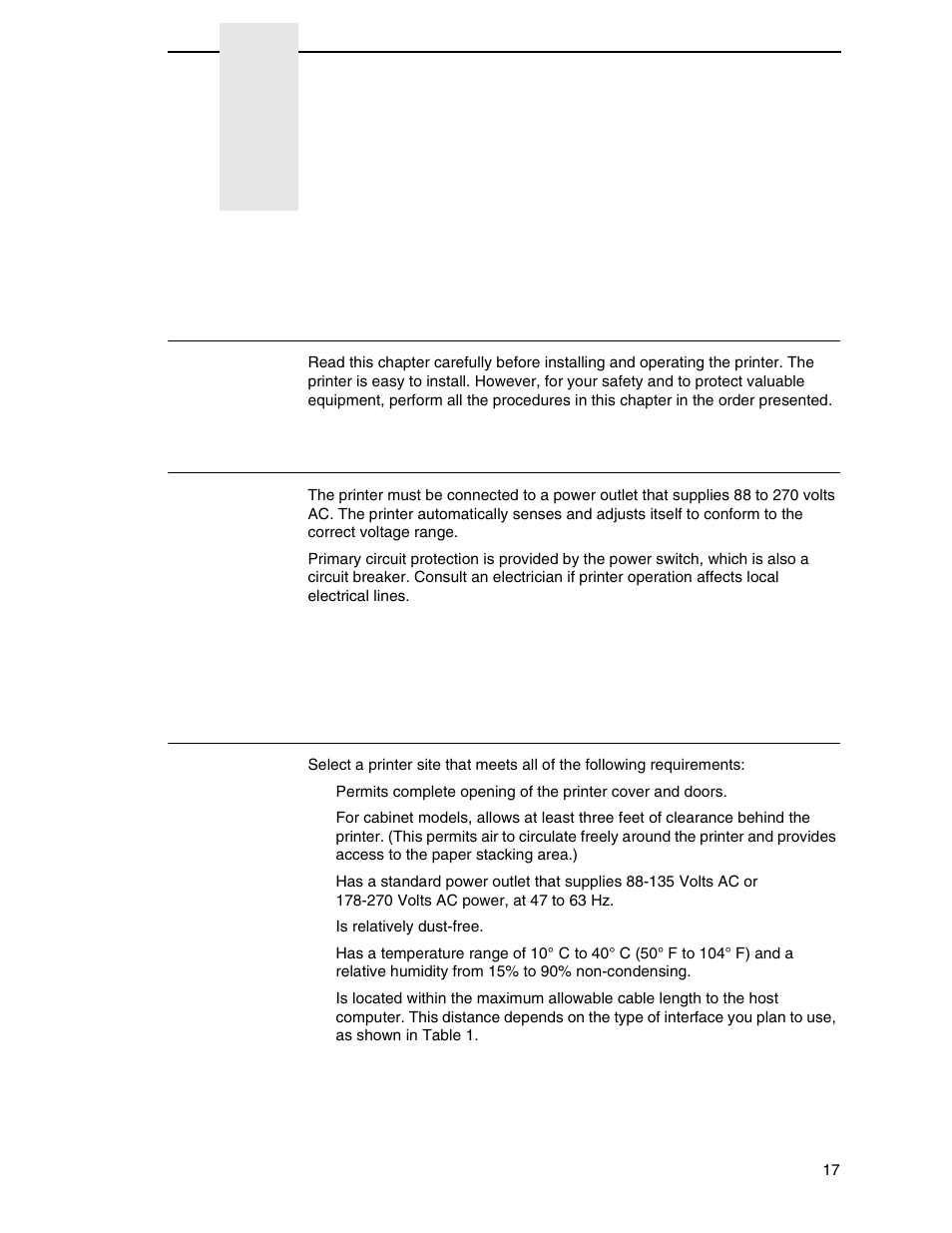 2 setting up the printer, Before you begin, Power requirements | Select a site, Setting up the printer | Printronix P7000 Cartridge Ribbon Printer User Manual | Page 17 / 378