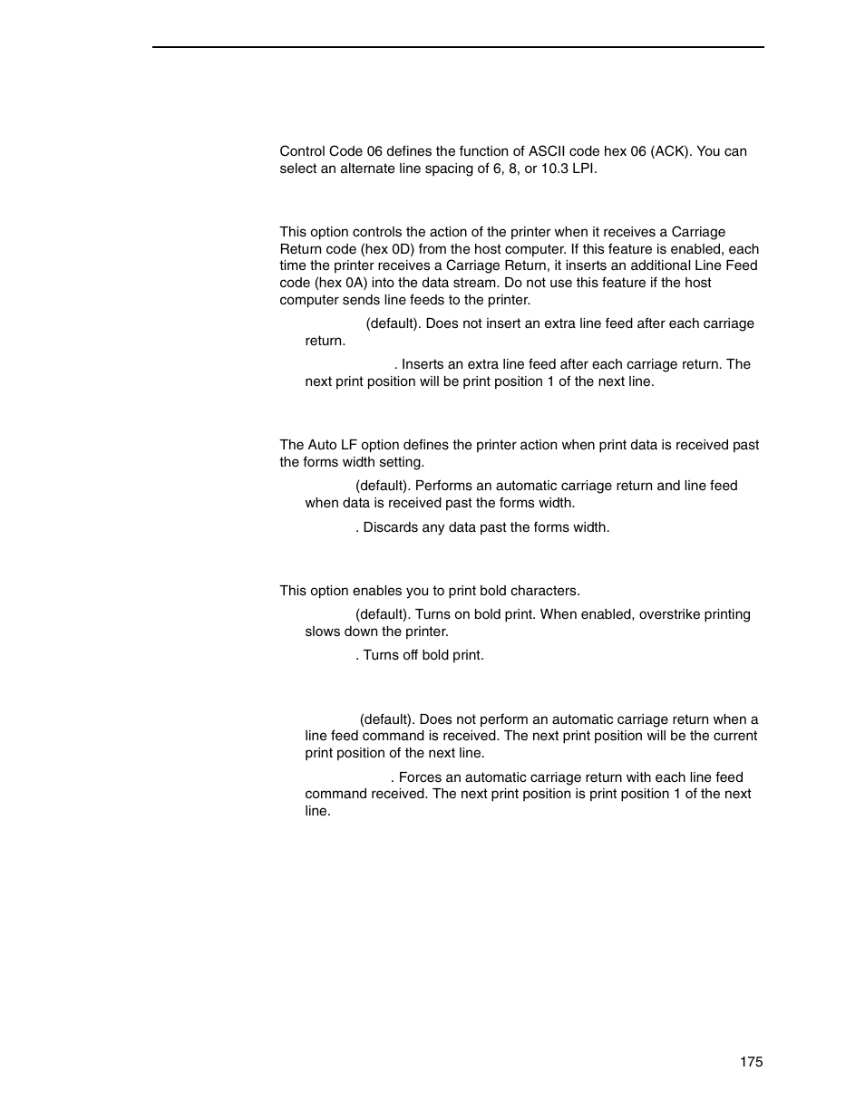 Control code 06, Define cr code, Auto lf | Overstrike, Define lf code | Printronix P7000 Cartridge Ribbon Printer User Manual | Page 175 / 378