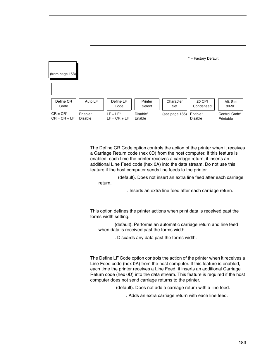 Epson fx emulation, Define cr code, Auto lf | Define lf code | Printronix P7000 Cartridge Ribbon Printer User Manual | Page 183 / 378