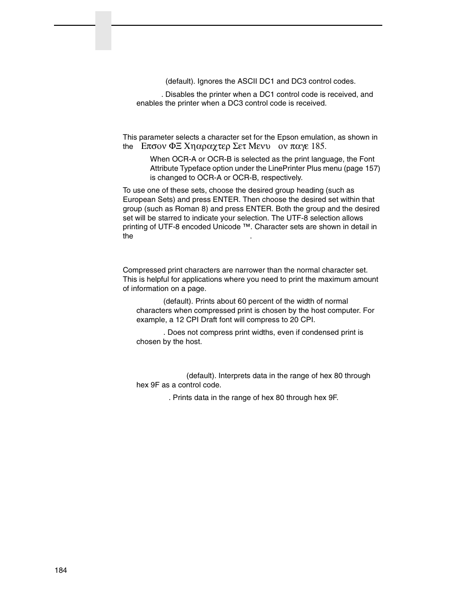 Printer select, Character set, 20 cpi condensed | Alt. set 80-9f | Printronix P7000 Cartridge Ribbon Printer User Manual | Page 184 / 378