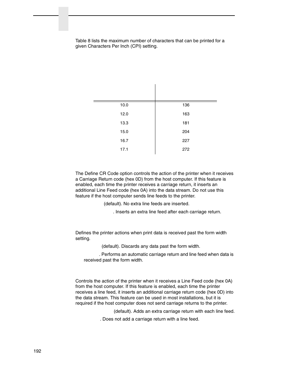 Define cr code, Auto lf, Define lf code | Printronix P7000 Cartridge Ribbon Printer User Manual | Page 192 / 378