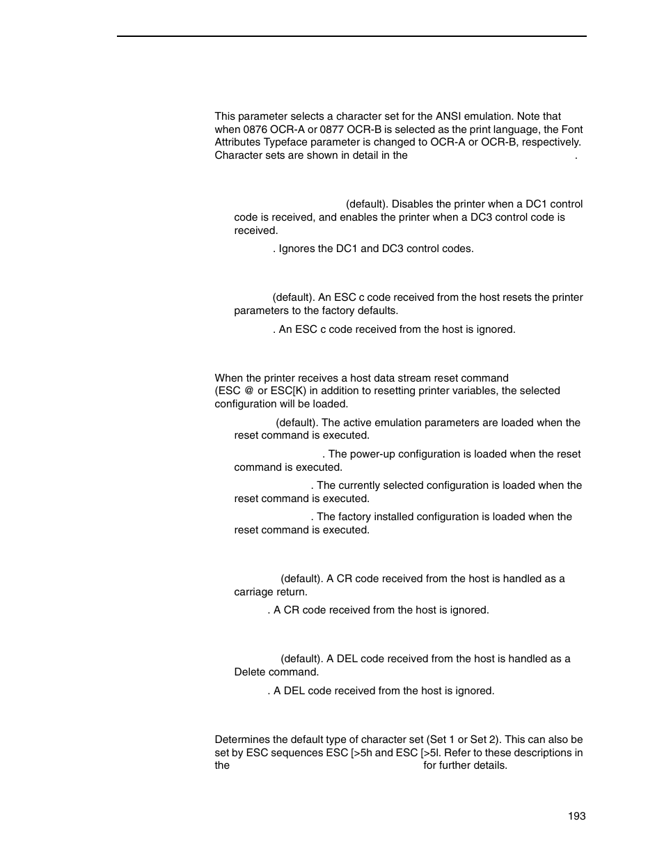 Character set, Printer select, Esc c sequence | Reset cmd cfg ld, Received cr, Received del, Private mode | Printronix P7000 Cartridge Ribbon Printer User Manual | Page 193 / 378