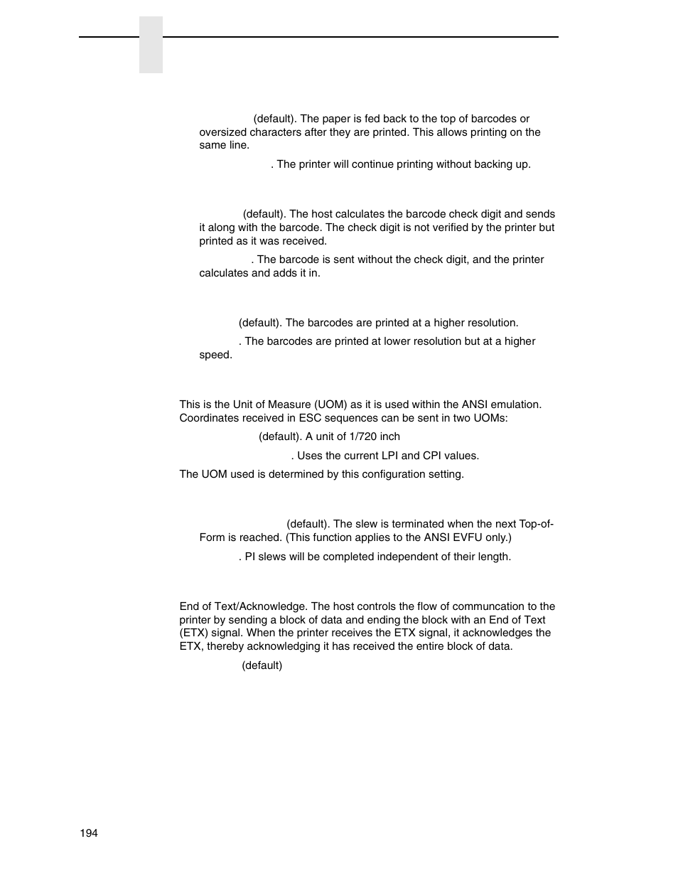 Pos. on bc/ovrsz, Bc check digit, Barcode darkmode | Pum default, Truncate pi slew, Etx/ack | Printronix P7000 Cartridge Ribbon Printer User Manual | Page 194 / 378