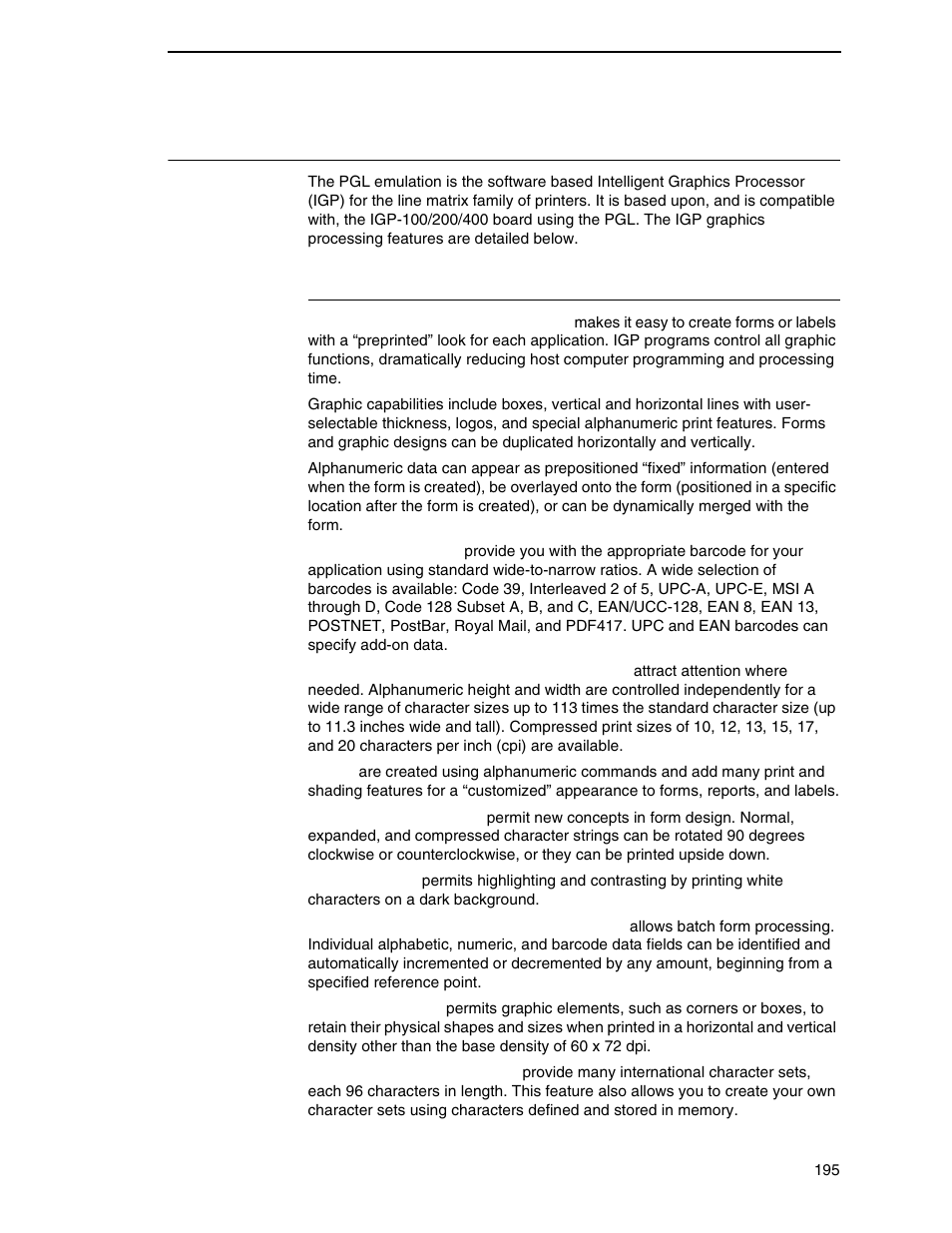 Igp/pgl emulation, Features, Gl emulation | Printronix P7000 Cartridge Ribbon Printer User Manual | Page 195 / 378