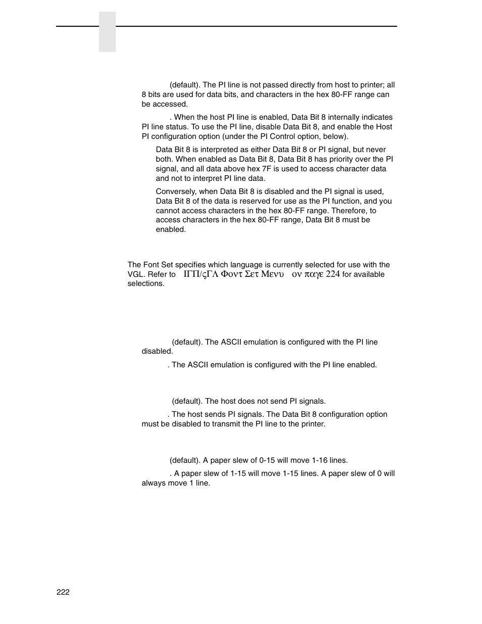 Font set, Pi control | Printronix P7000 Cartridge Ribbon Printer User Manual | Page 222 / 378
