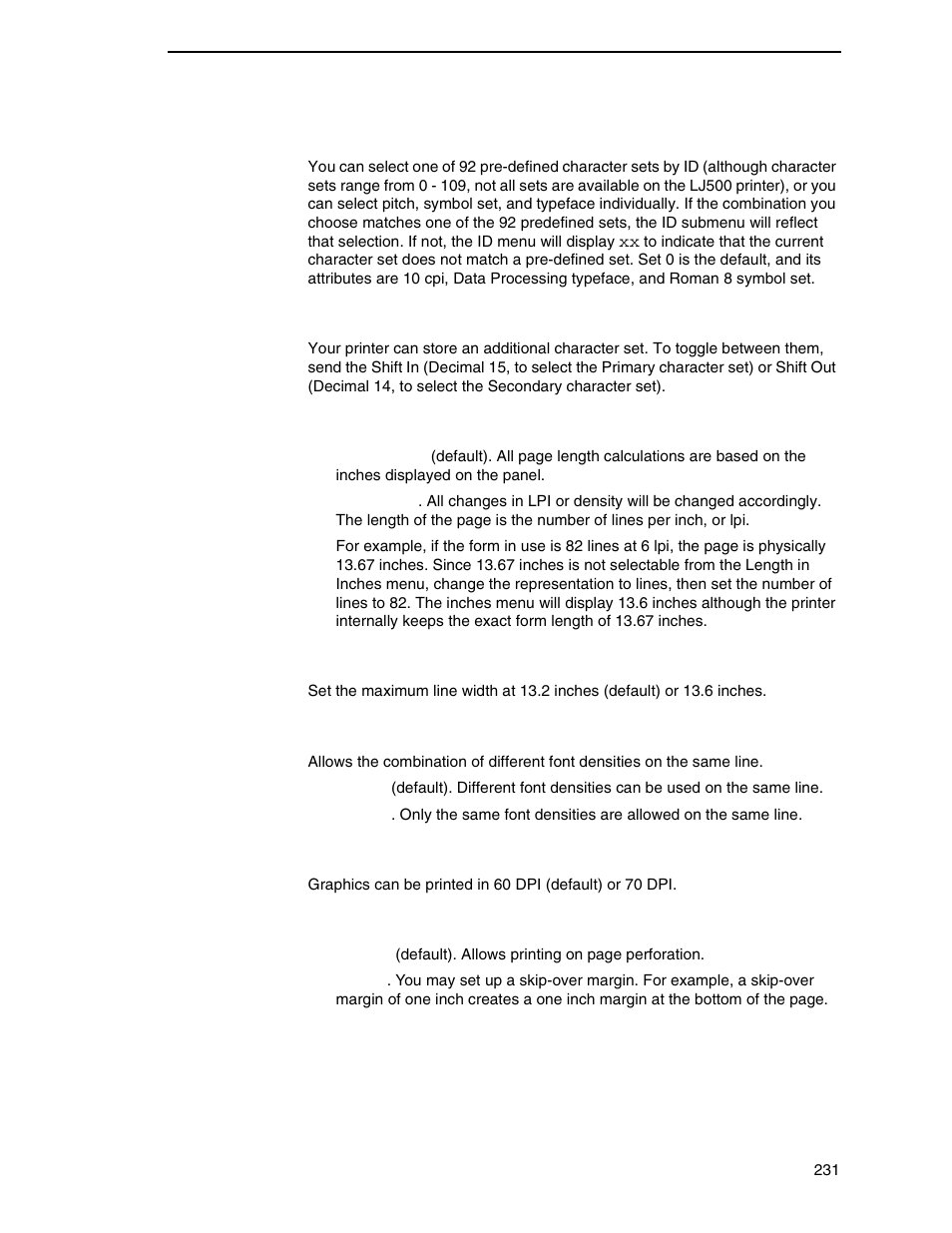 Primary char. set, Second char. set, Page length rep | Max line width, Face cpi delay, Graphics density, Perforation skip | Printronix P7000 Cartridge Ribbon Printer User Manual | Page 231 / 378