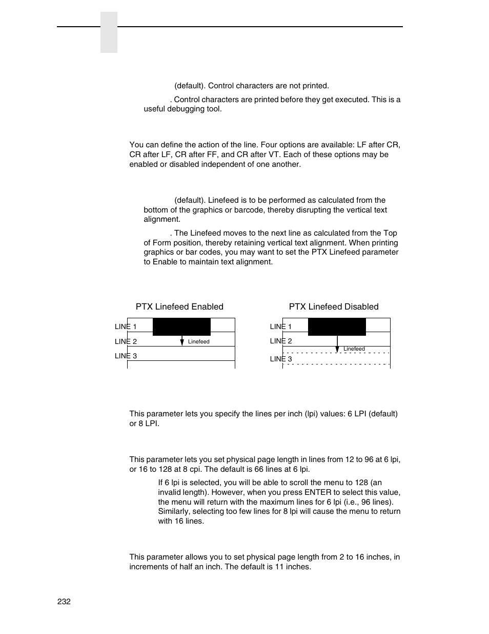 Display functions, Line terminator, Ptx linefeed | Lpi adjust, Page l./lines, Page l./inches | Printronix P7000 Cartridge Ribbon Printer User Manual | Page 232 / 378