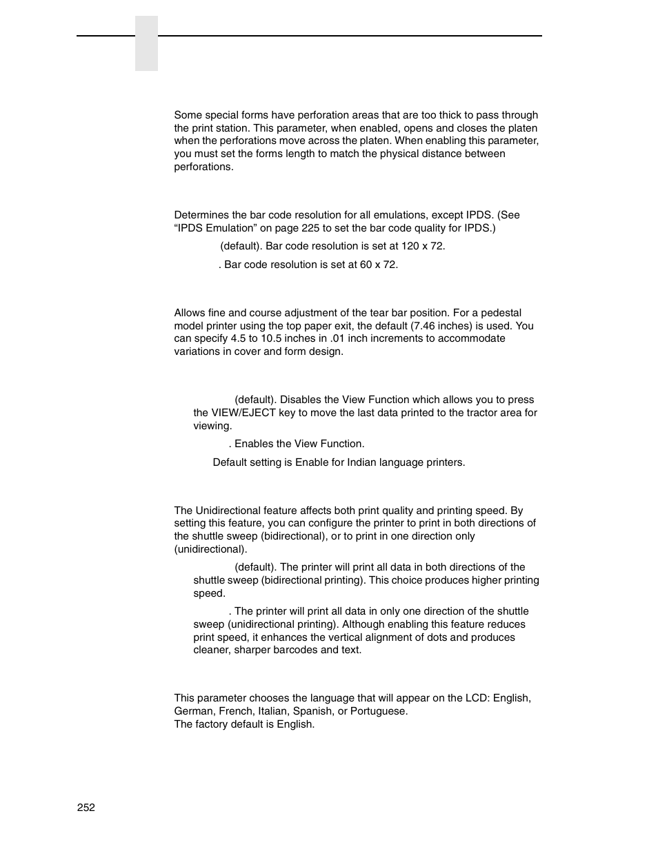Open platen @ bof (bottom of form), Bar code quality, Tear bar dist. (distance) | View function, Unidirectional, Display language | Printronix P7000 Cartridge Ribbon Printer User Manual | Page 252 / 378