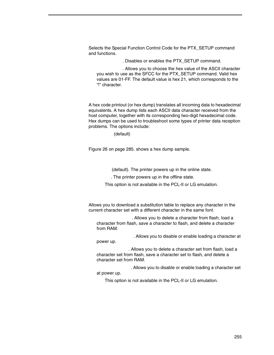 Ptx setup option, Hex dump mode, Power-up state | Downloaded fonts | Printronix P7000 Cartridge Ribbon Printer User Manual | Page 255 / 378